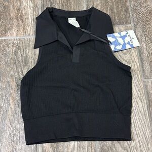 NWT DVF Black Collared Ribbed Cropped Polo Target Diane Von Furstenberg small